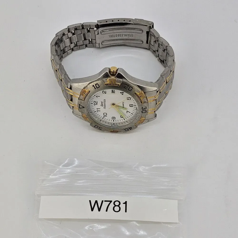 Men’s Sport America Watch 39MM White Dial Date Gold Gray Band 7.5